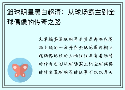 篮球明星黑白超清：从球场霸主到全球偶像的传奇之路